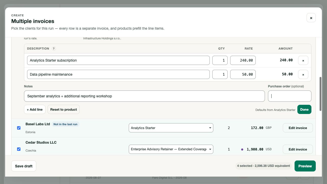 Editing line items inside an individual invoice