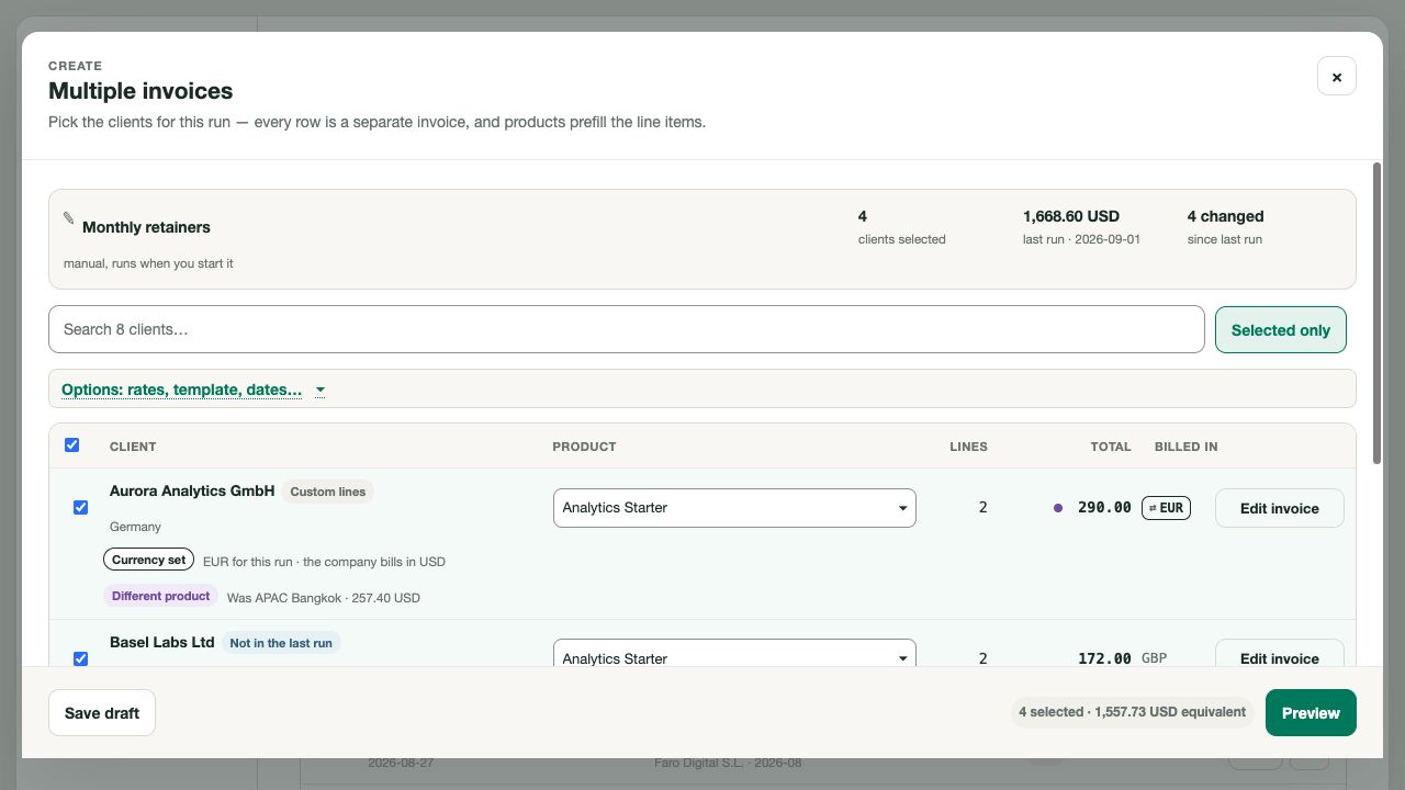 Individual products, invoice amounts and currencies in the group composer