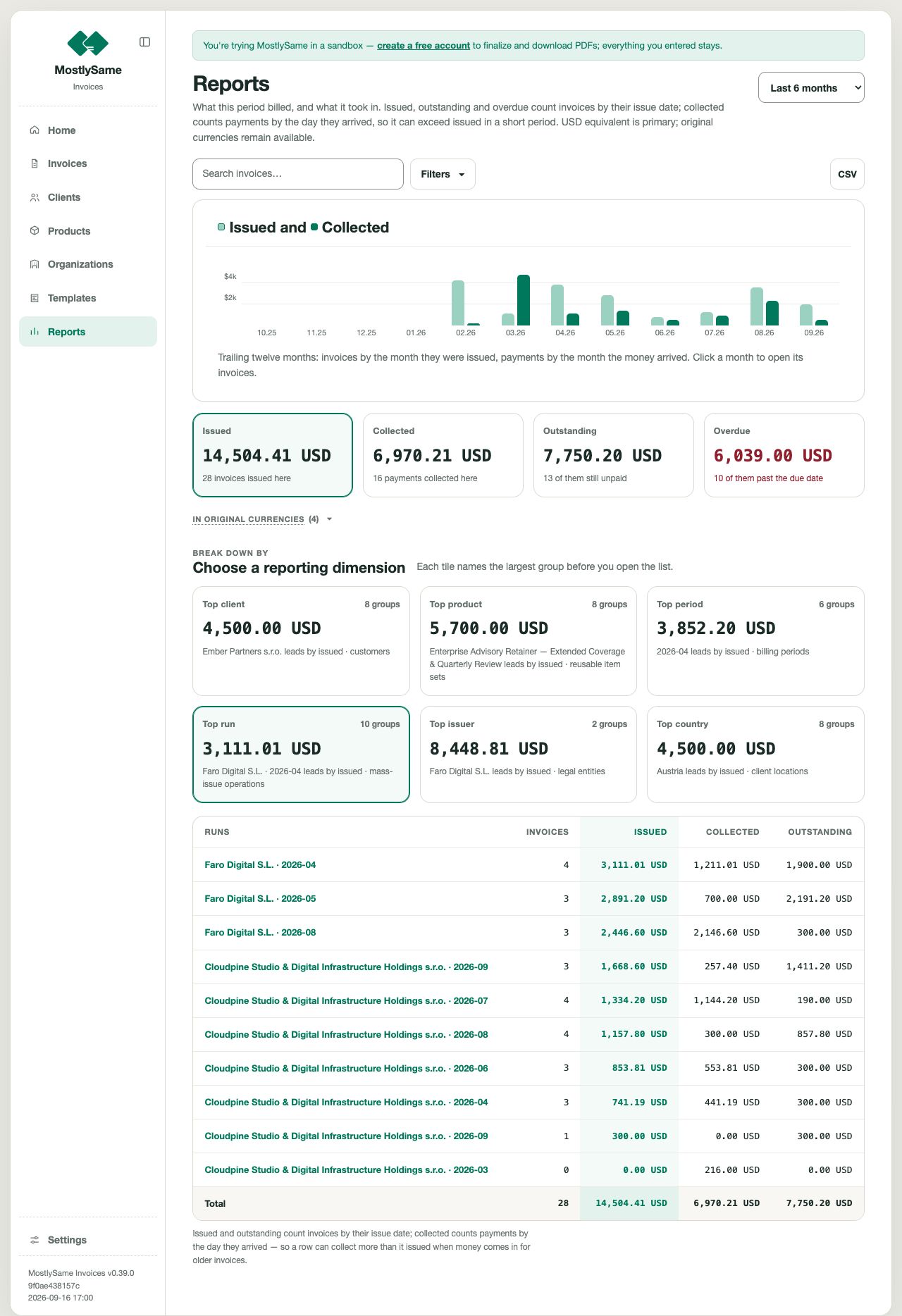 Invoice report broken down by run