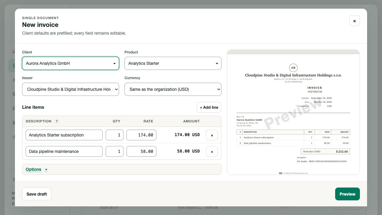 Single invoice preparation and live document with its Preview watermark