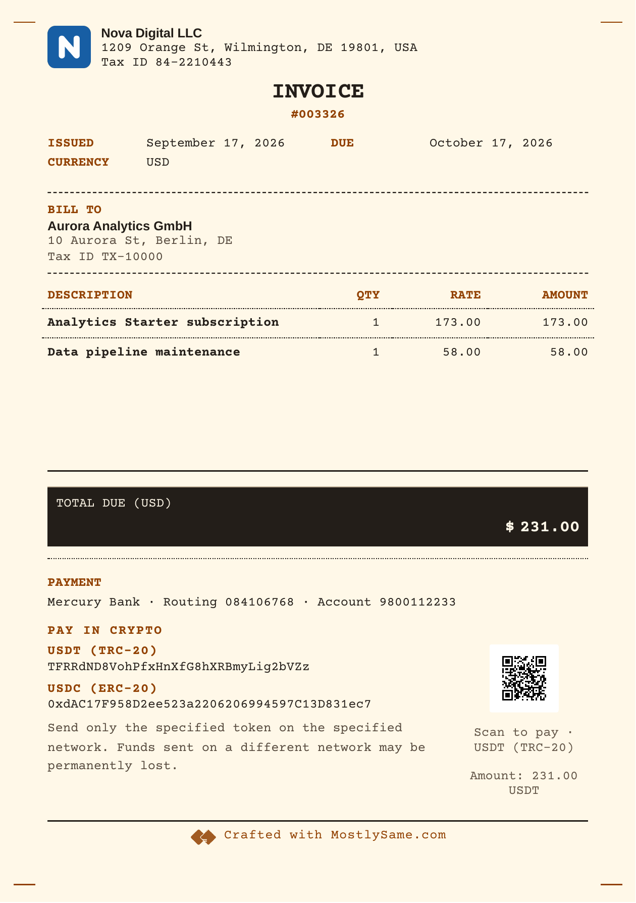 Invoice 003326 from Nova Digital LLC to Aurora Analytics GmbH