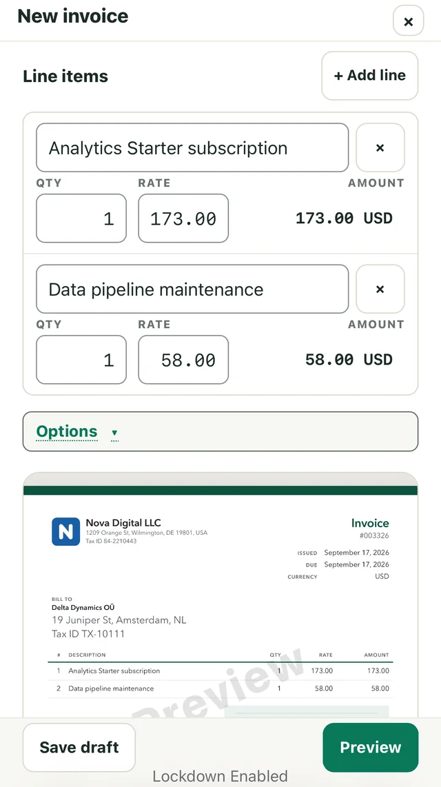 An invoice being prepared on a phone, with line items and a document preview