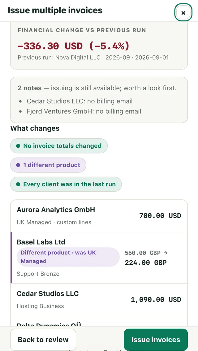 Reviewing a group on a phone, with changes, currencies and billing email warnings