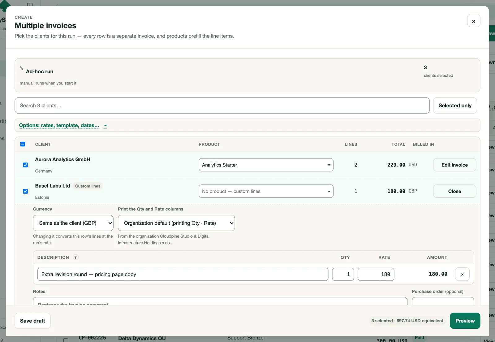 The Multiple invoices composer: Aurora Analytics GmbH with the saved product Analytics Starter, and Basel Labs Ltd with Custom lines and a one-off line entered directly