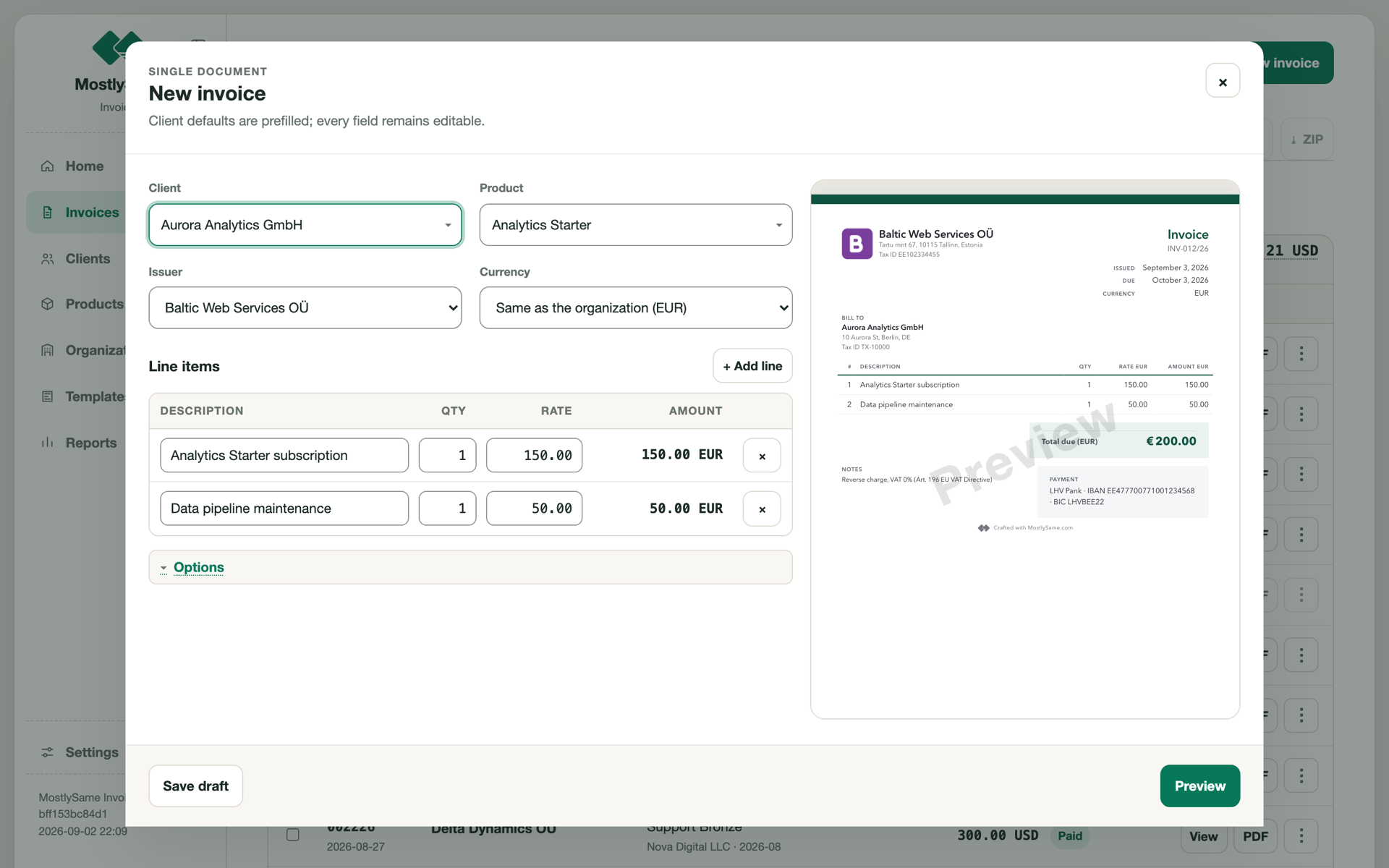 The composer: client, product, issuer, currency and two line items on the left, with a live preview of the invoice document on the right.